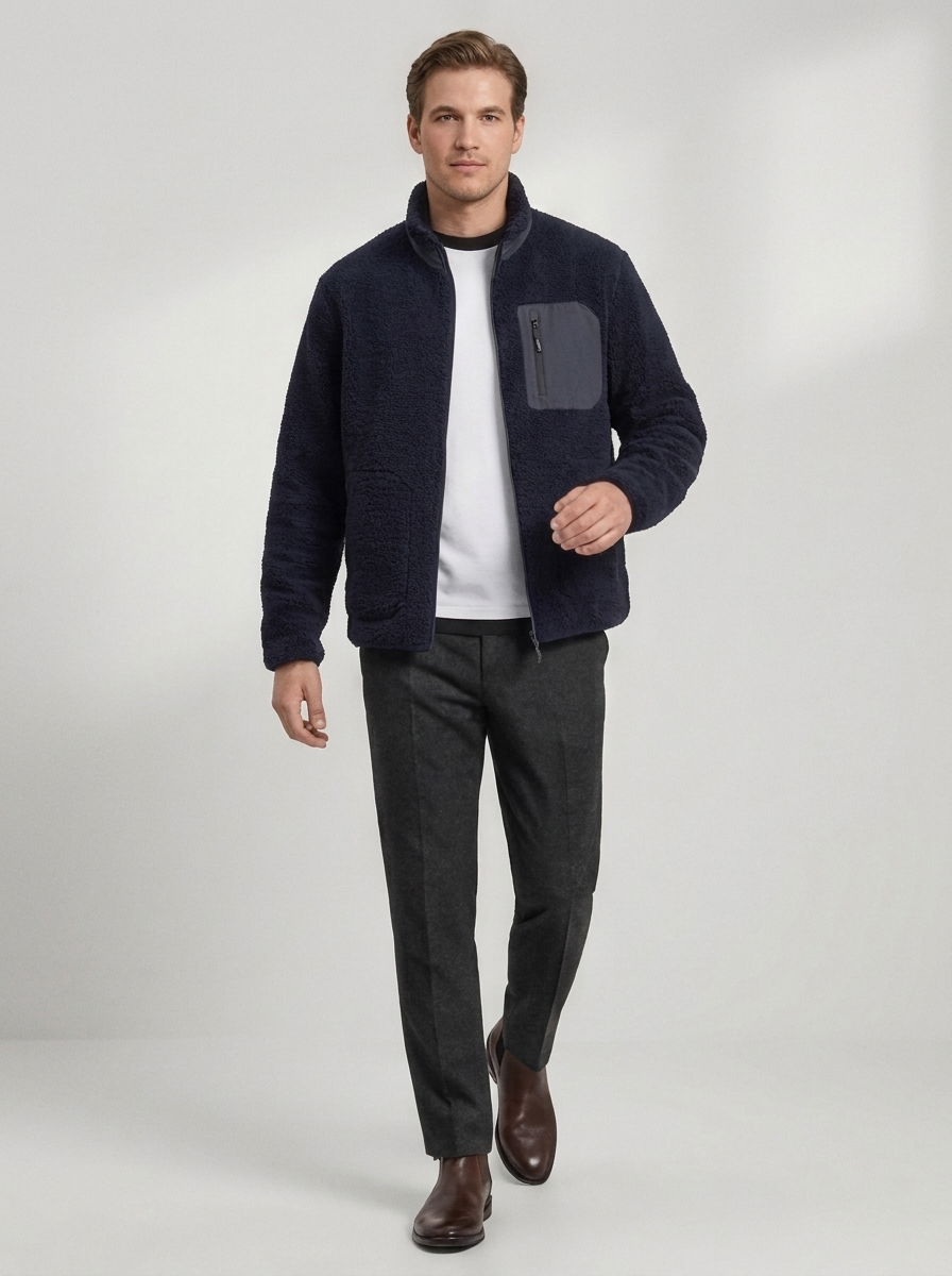 Men's Sherpa Fleece Jacket with Zip Front & Chest Pocket
