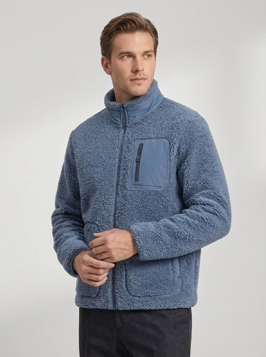 Men's Sherpa Fleece Jacket with Zip Front & Chest Pocket