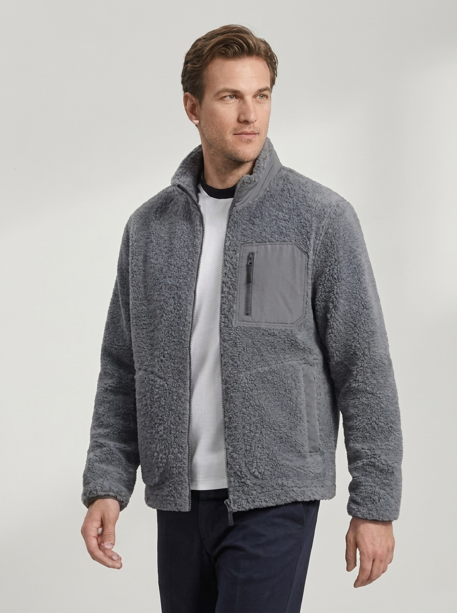 Men's Sherpa Fleece Jacket with Zip Front & Chest Pocket