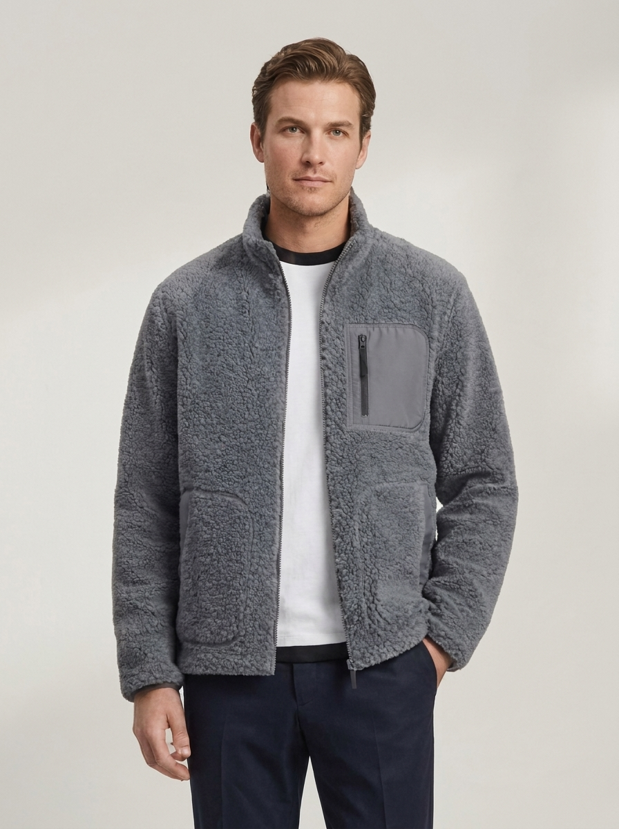 Men's Sherpa Fleece Jacket with Zip Front & Chest Pocket
