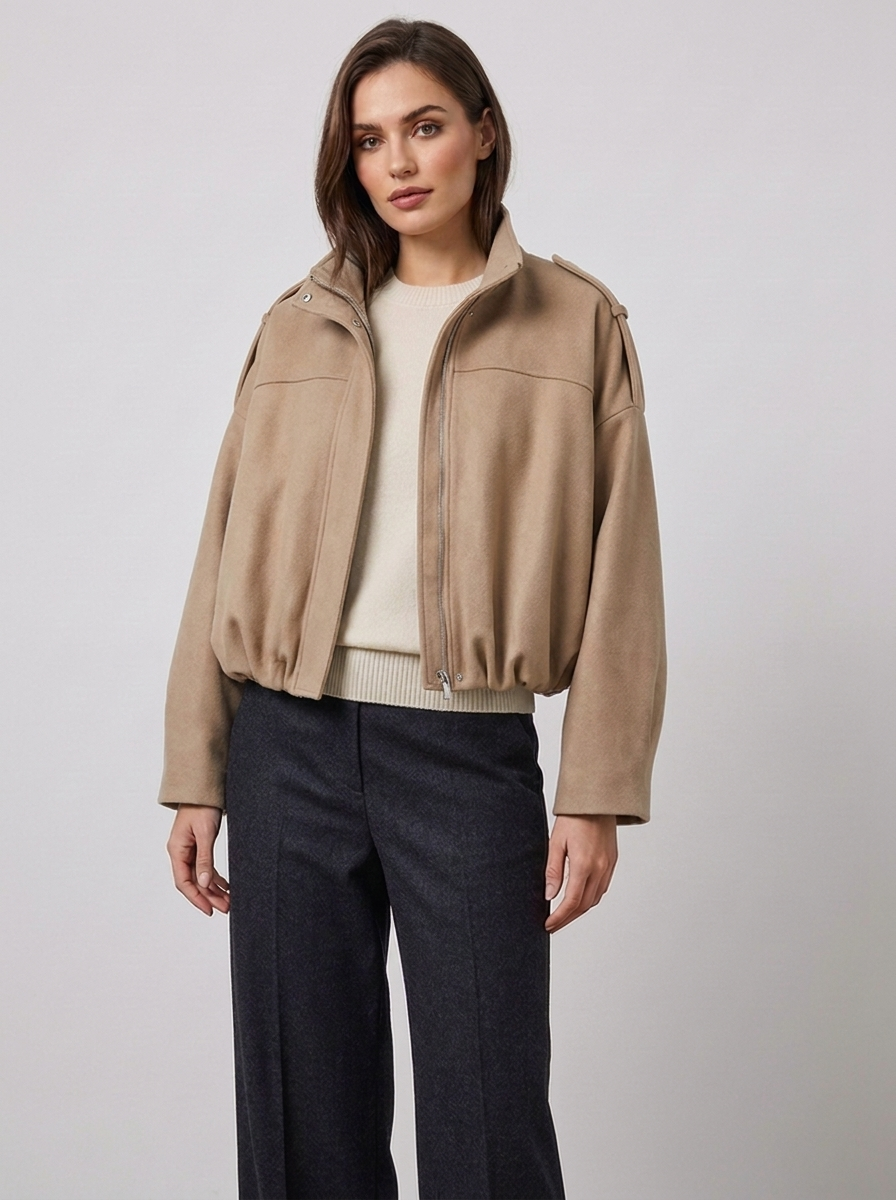 Women's Short Jacket with Pointed Collar and Shoulder Loops