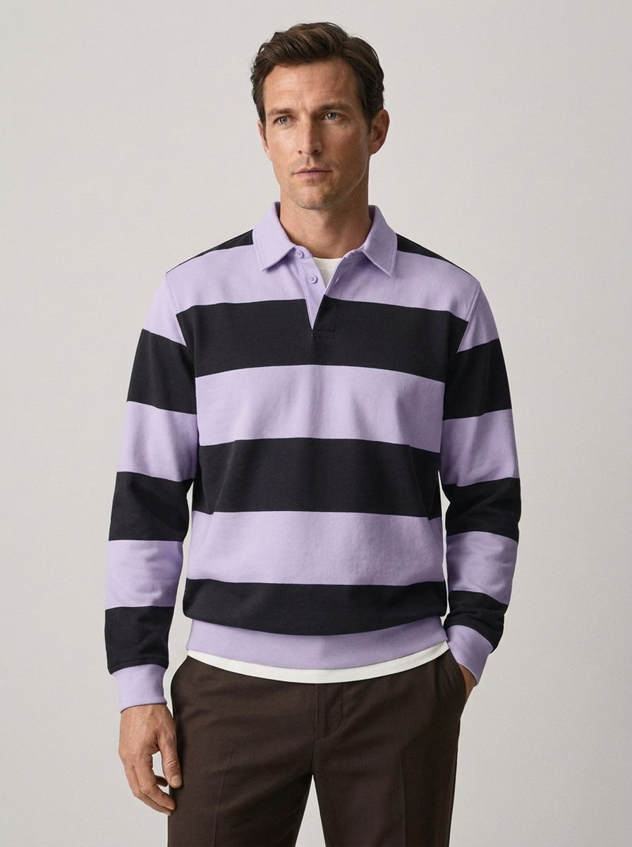 Men's Long Sleeve Striped Casual Polo Sweatshirt