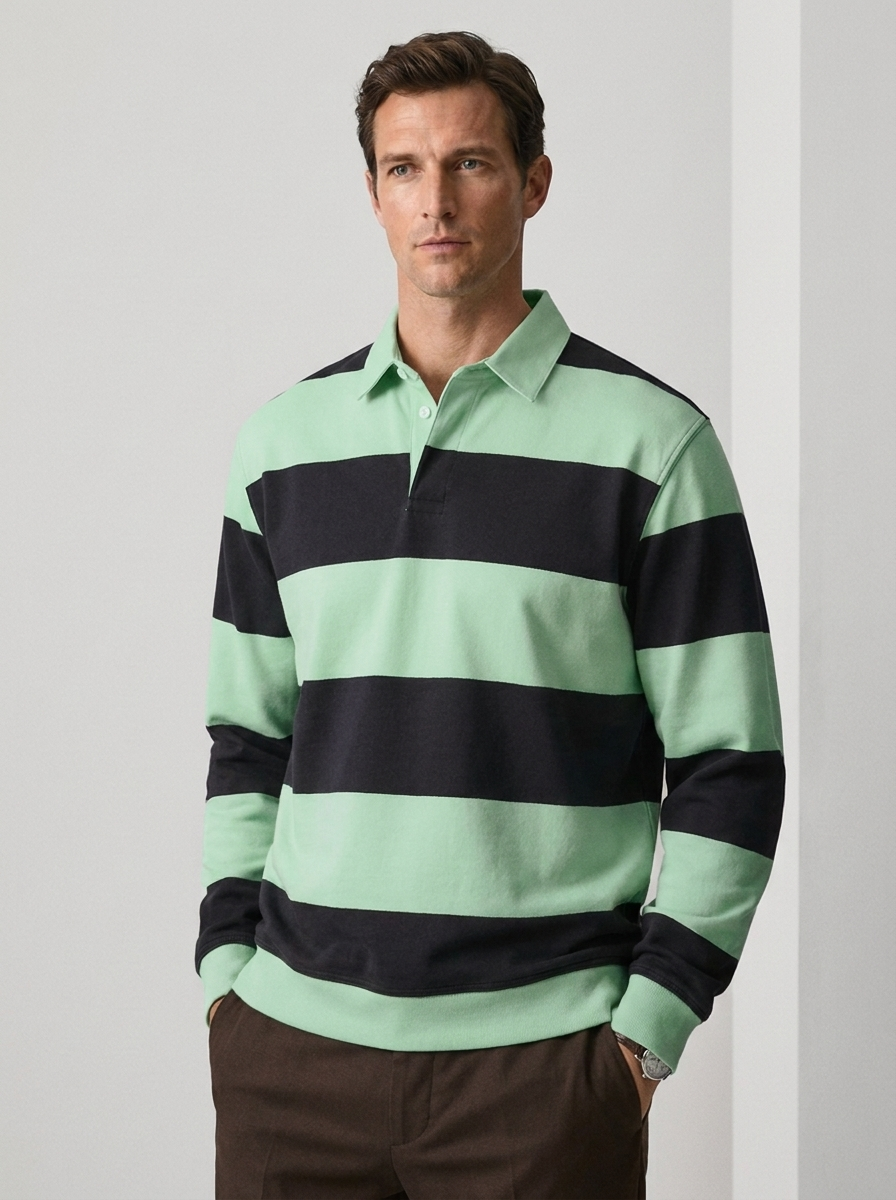 Men's Long Sleeve Striped Casual Polo Sweatshirt