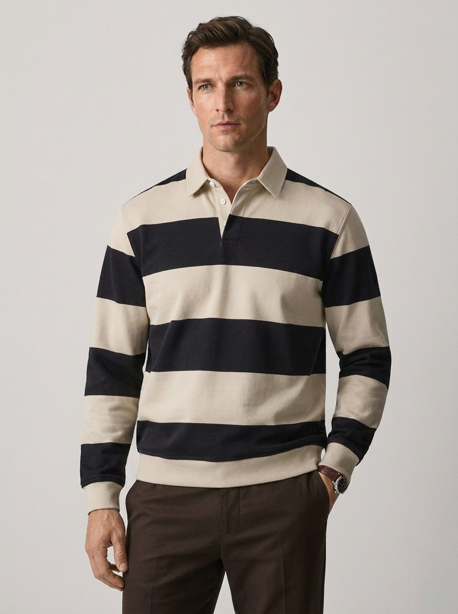 Men's Long Sleeve Striped Casual Polo Sweatshirt