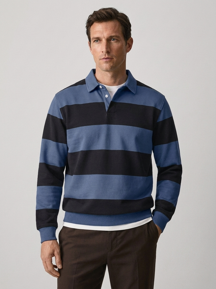 Men's Long Sleeve Striped Casual Polo Sweatshirt