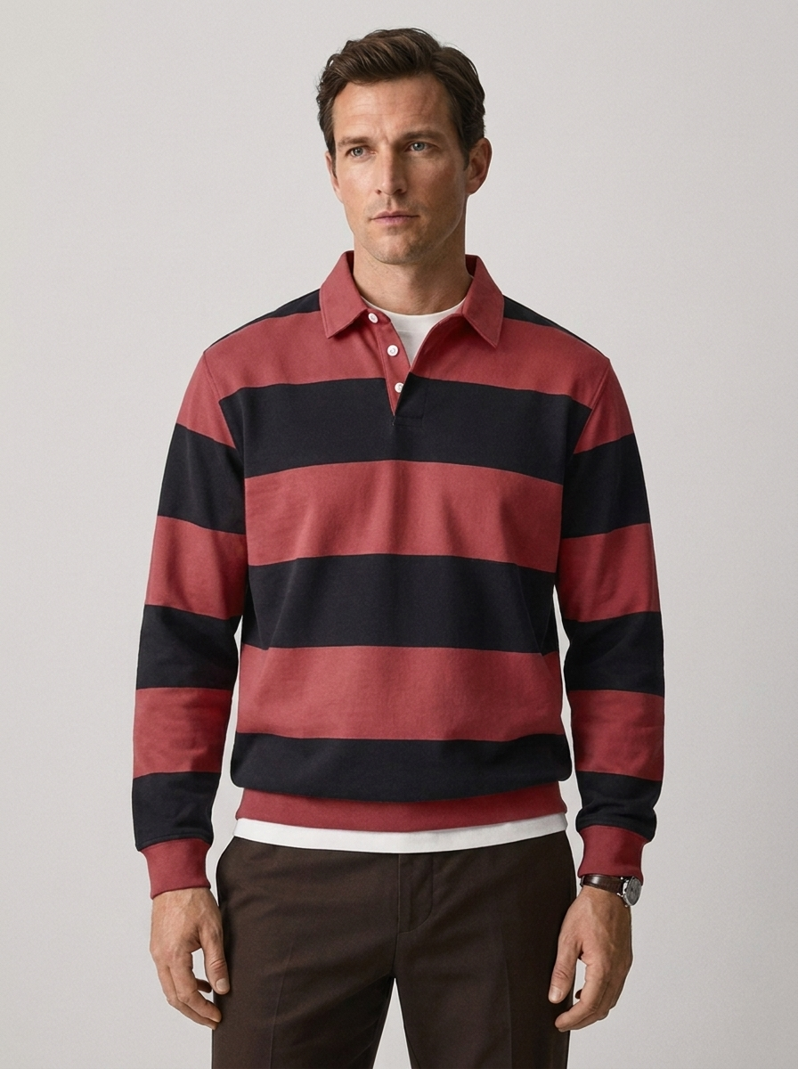 Men's Long Sleeve Striped Casual Polo Sweatshirt