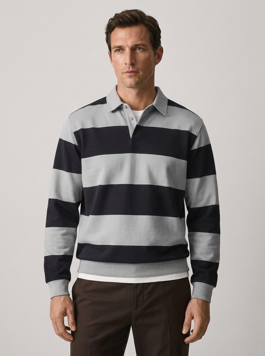 Men's Long Sleeve Striped Casual Polo Sweatshirt