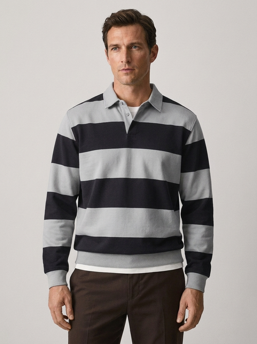 Men's Long Sleeve Striped Casual Polo Sweatshirt