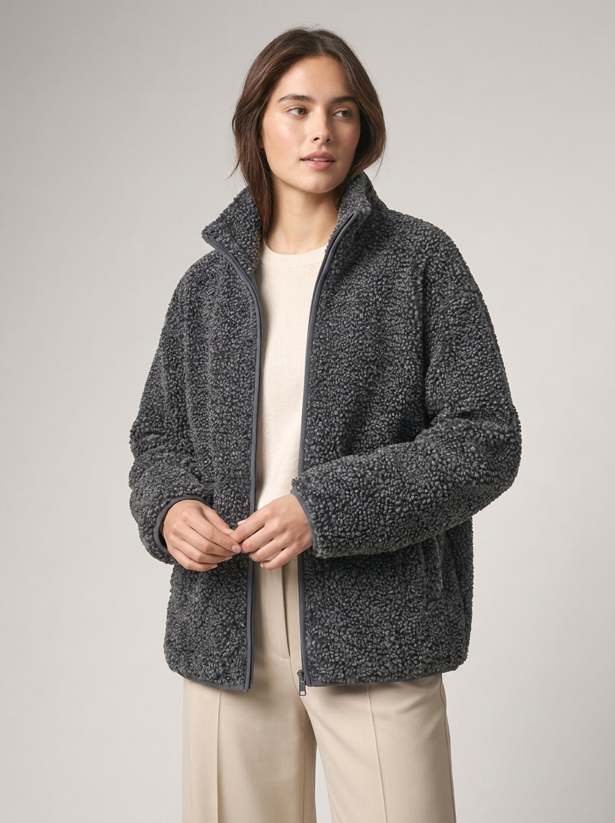Women's Loose Fit Fleece Jacket with Turtleneck Zip-Up
