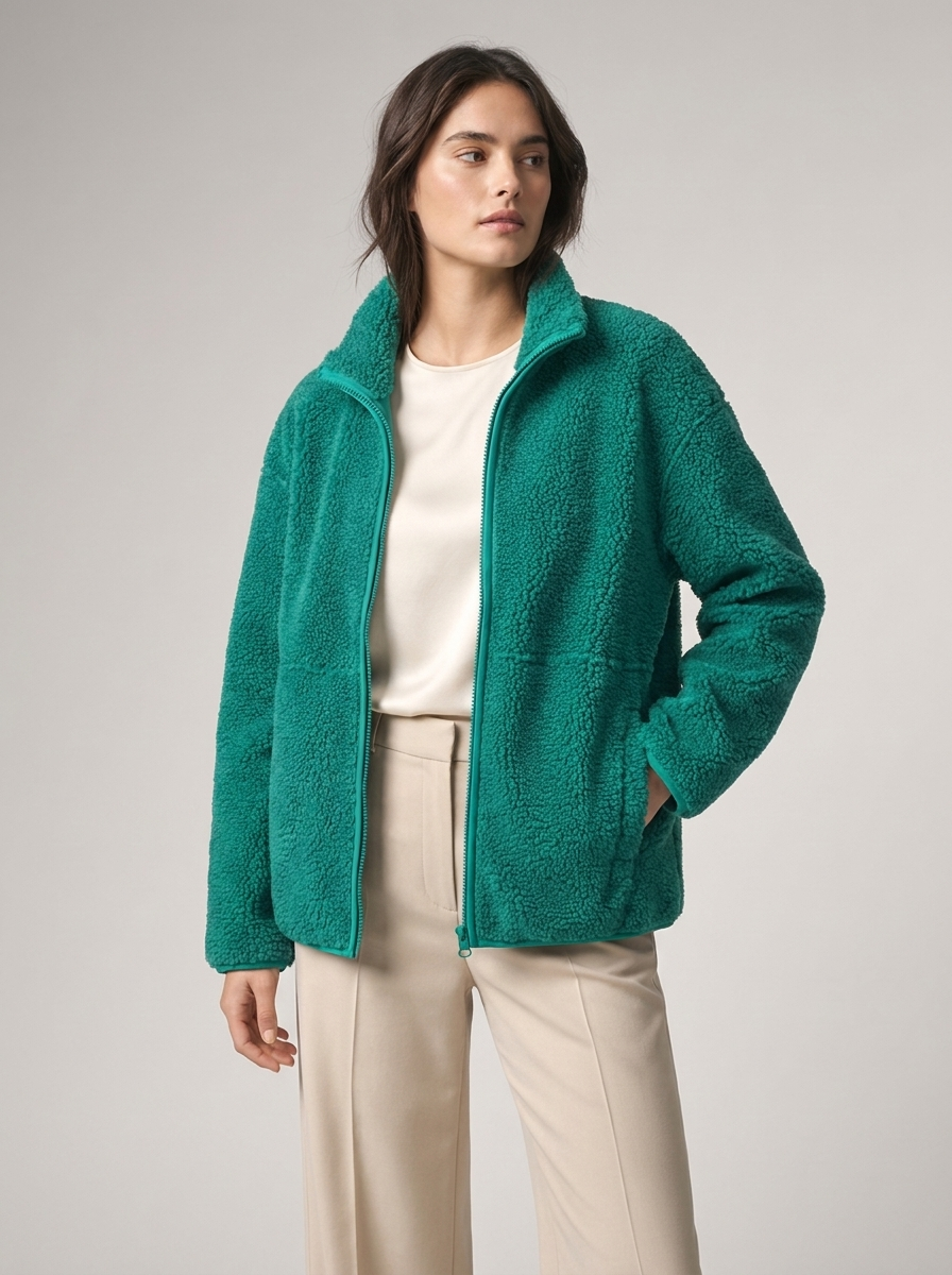 Women's Loose Fit Fleece Jacket with Turtleneck Zip-Up