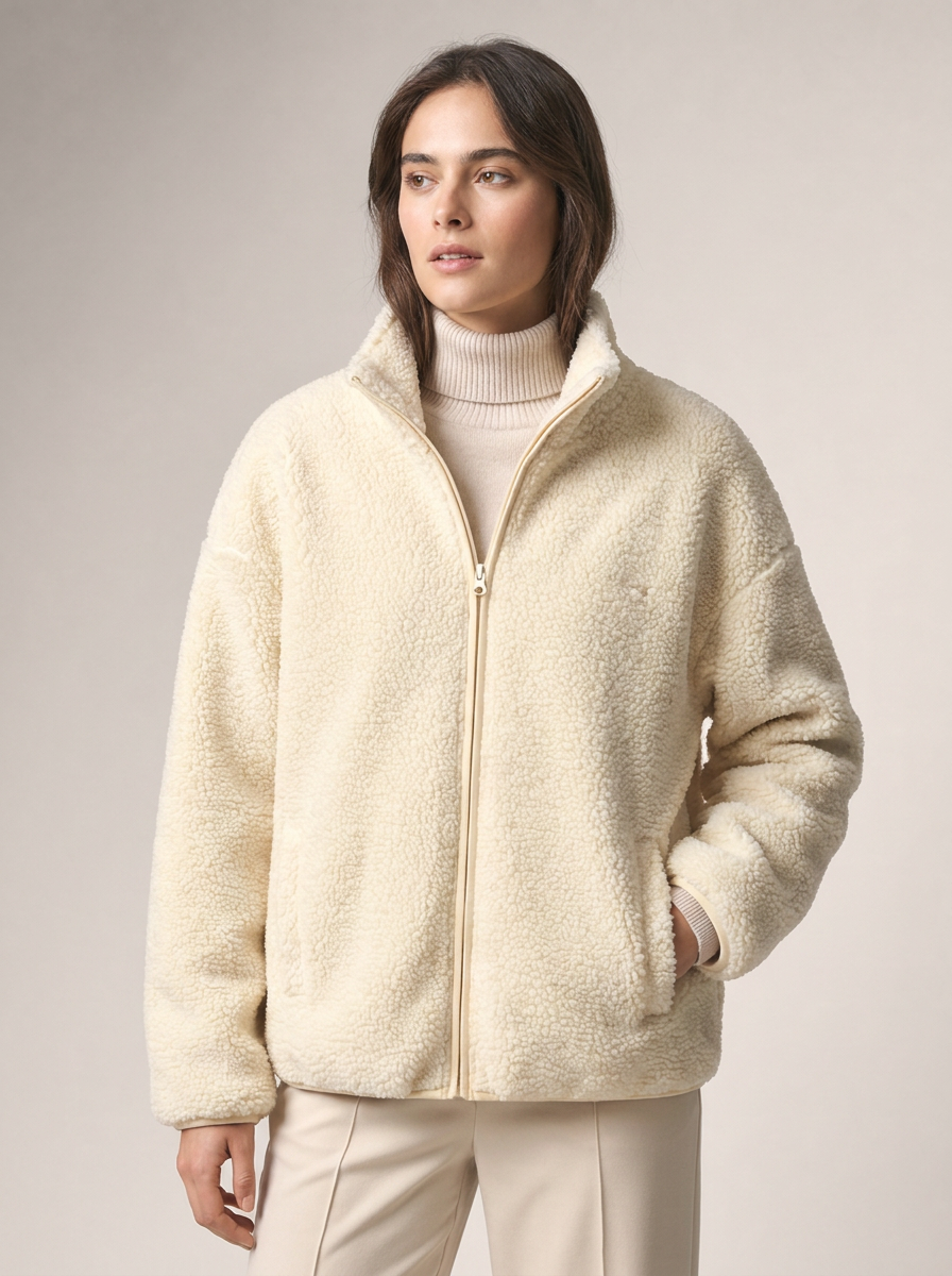Women's Loose Fit Fleece Jacket with Turtleneck Zip-Up