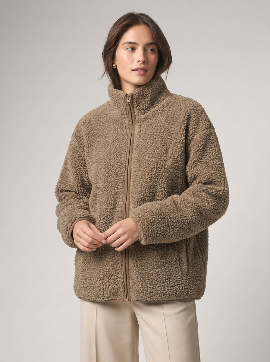 Women's Loose Fit Fleece Jacket with Turtleneck Zip-Up