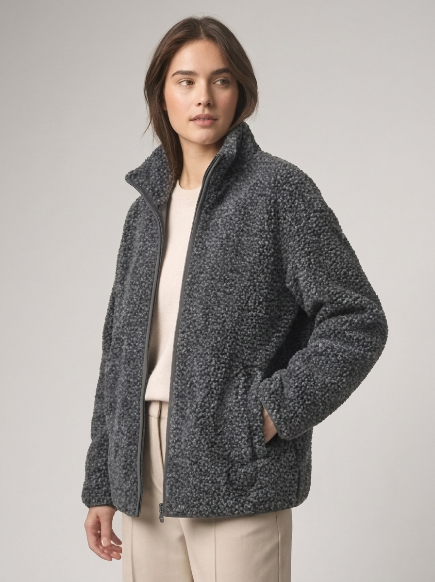 Women's Loose Fit Fleece Jacket with Turtleneck Zip-Up