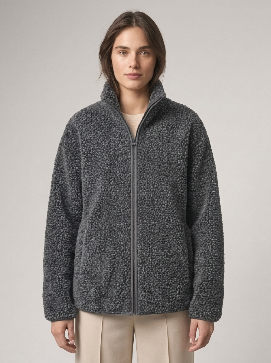 Women's Loose Fit Fleece Jacket with Turtleneck Zip-Up