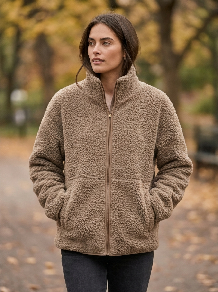 Women's Loose Fit Fleece Jacket with Turtleneck Zip-Up