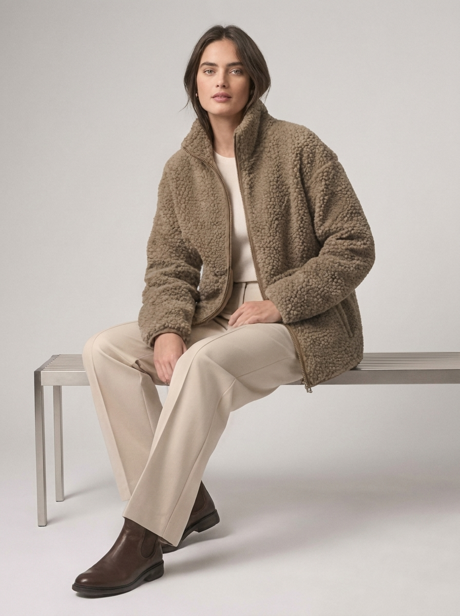 Women's Loose Fit Fleece Jacket with Turtleneck Zip-Up